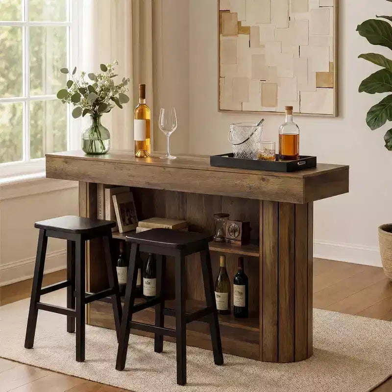 Lantine Bartisch, 160 cm langer Bartisch aus Holz mit Metallfußstütze, Stehtisch mit Ablagefächern für Wohnzimmer, Bistro, Esszimmer (Braun)