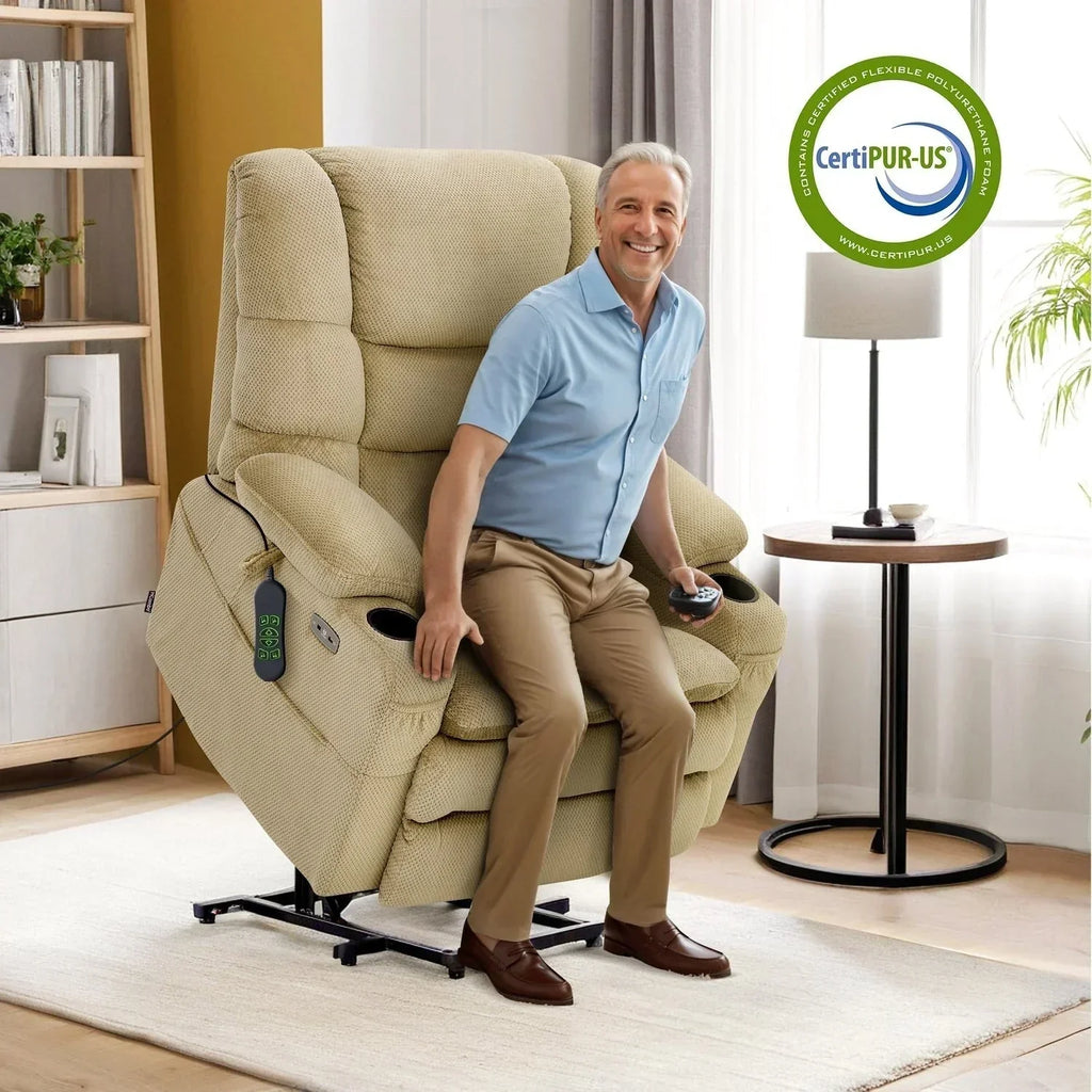 MCombo Großer, breiter Power-Lift-Liegesessel mit zwei Motoren, Massage und dualer Heizung für große und korpulente Senioren, Stoff R7635