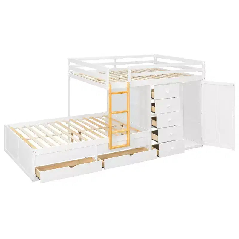 Etagenbett „Full-over-Full“ mit Kleiderschrank und Schubladen, platzsparendes Etagenbett aus Holz in voller Größe mit Rausfallschutz für Apartment, Schlafzimmer