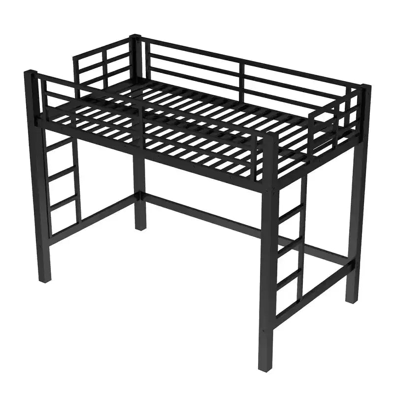 Metall-Hochbett, platzsparendes Hochbettgestell mit zwei Leitern und Schutzgittern, Schwarz – ModernLuxe