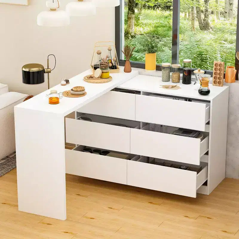 Intelligentes, drehbares/ausziehbares Buffet-Sideboard mit 6 Schubladen, erweiterter Arbeitsplatte, rutschfester Matte, drehbarem Esstisch, Kücheninsel-Vorratskammer