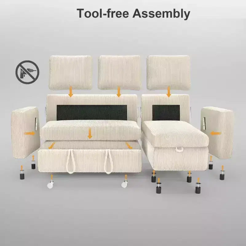 Dyonery 2-in-1 Schlafsofa ausziehbar mit Stauraum-Recamiere, Cord-Ecksofa mit USB-Anschlüssen für das Wohnzimmer