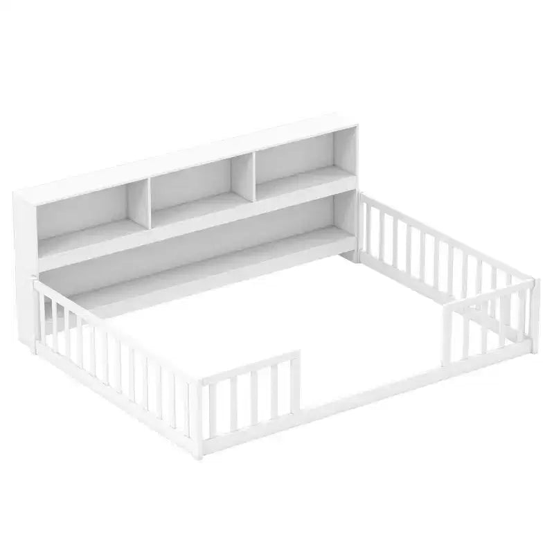 Montessori-Bodenbett für Einzel-/Doppelbetten mit Bücherregal, Ablagefächern und Sicherheitsgeländer, Weiß/Grau