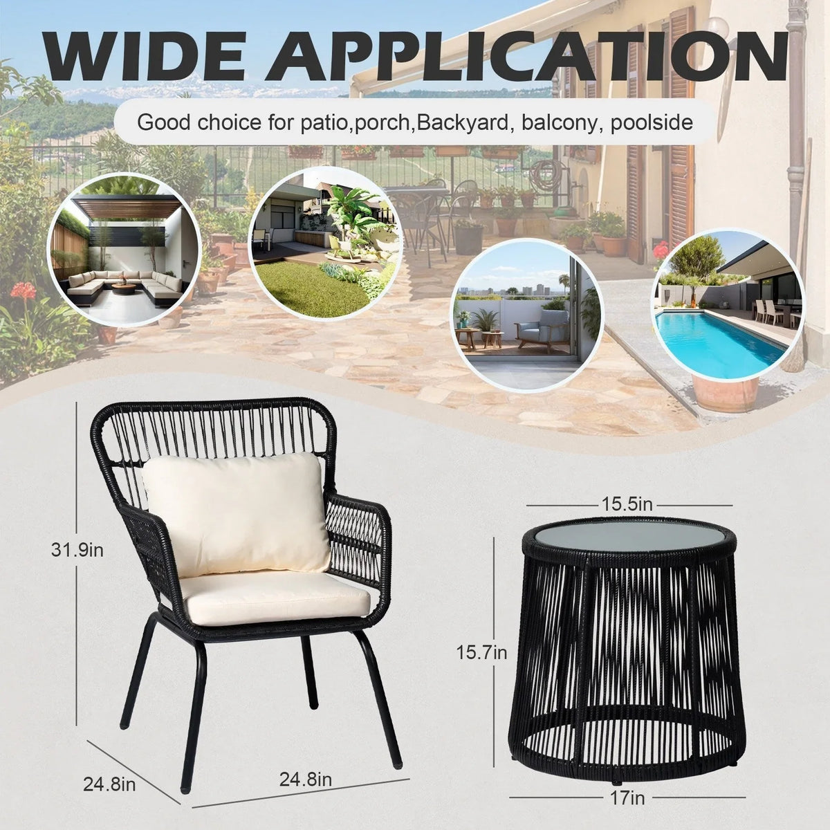 3-teiliges Outdoor-Bistro-Set aus Korbstühlen, witterungsbeständige Rattanmöbel-Sitzgruppe mit Kissen