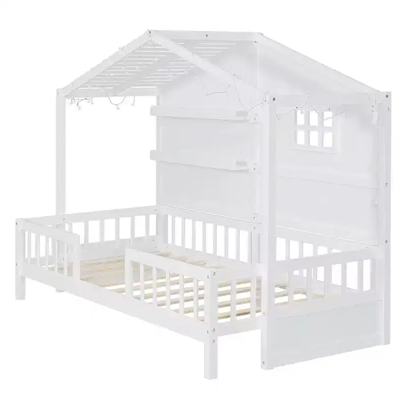 Hausbett in Twin-Größe mit Ablageregalen und Rausfallschutz, Montessori-Bettrahmen aus Holz für Kinder mit Fenster und glitzerndem Lichtband