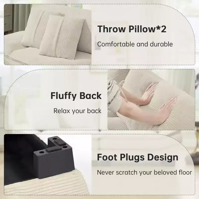 Beige Kordsamtsofa 87 mit 2 Kissen, Segelboot-förmiges tiefes Sofa für Wohnzimmer, kleine Räume, Büro, Apartment – Morden Fort