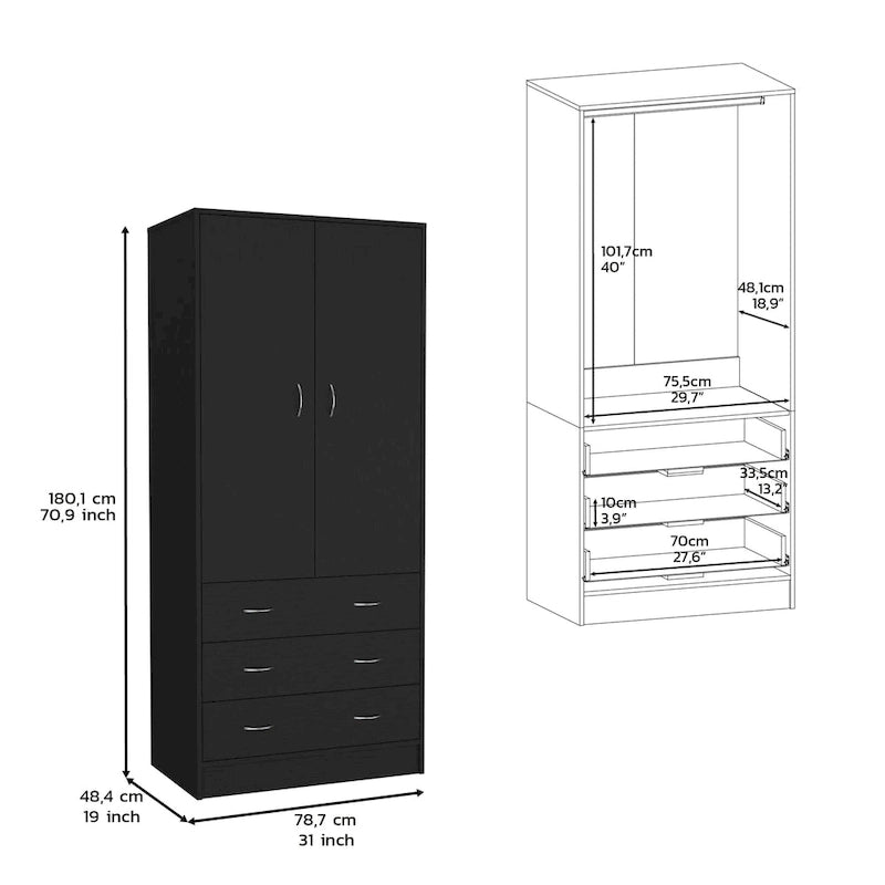 Moderner Doppeltür-Kleiderschrank (19) mit 3 Schubladen und 1 Kleiderstange für das Schlafzimmer