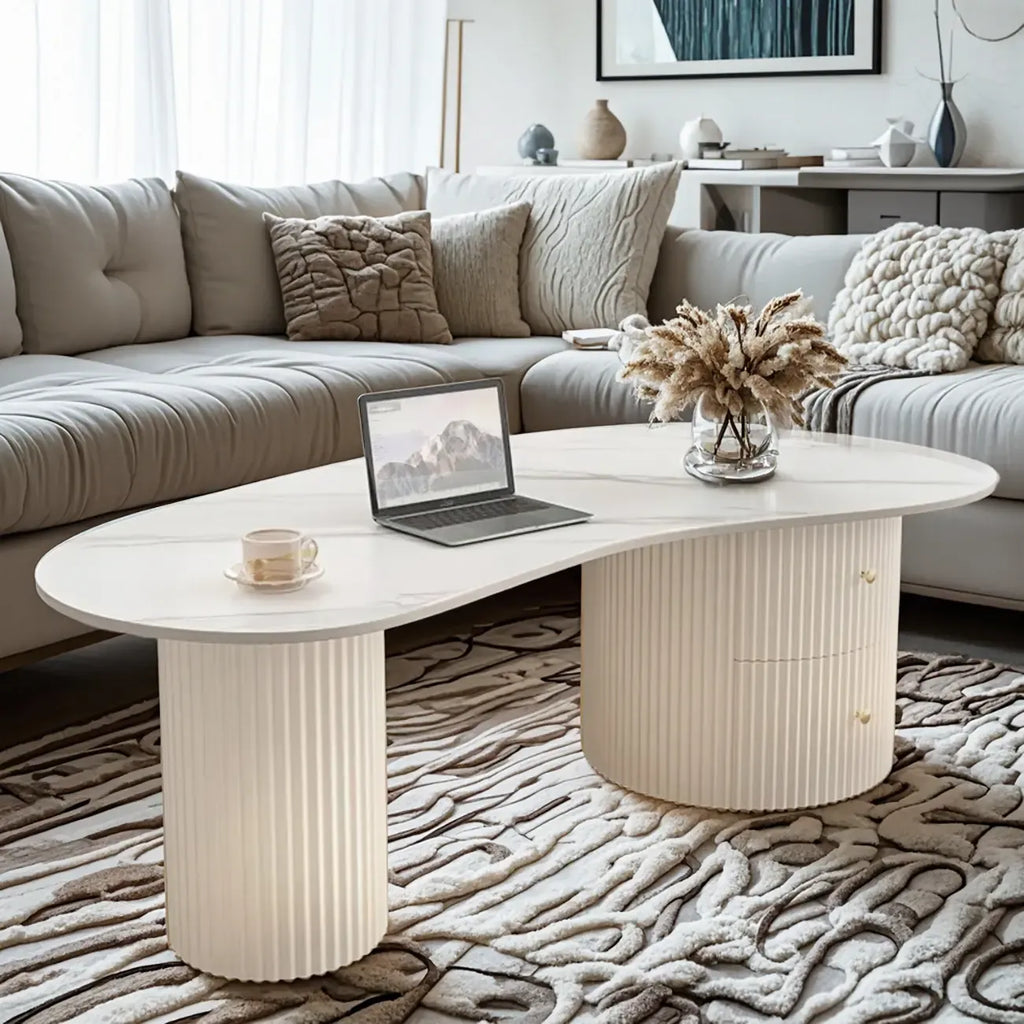Minimalistischer ovaler Couchtisch in Standardweiß mit 2 Schubladen
