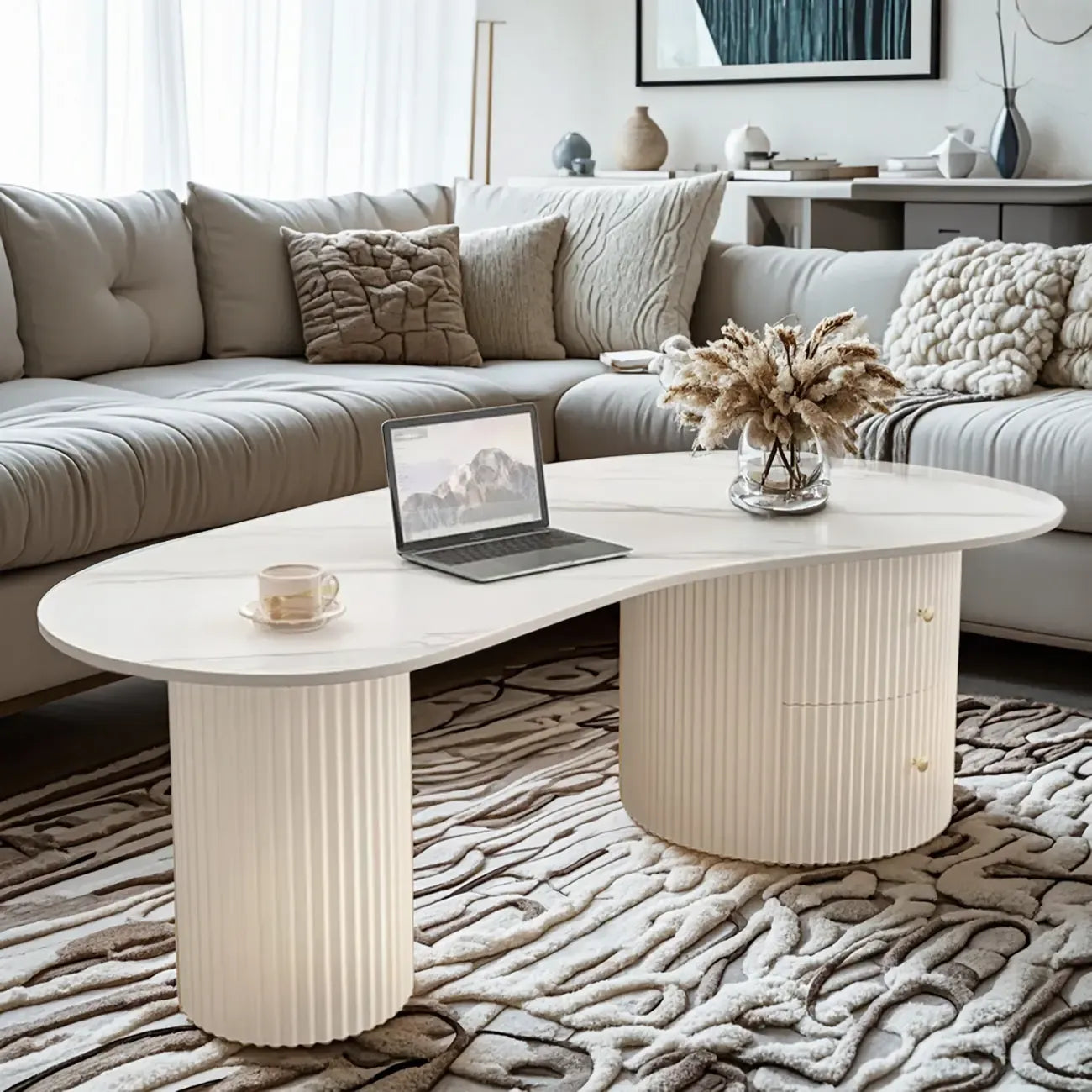 Minimalistischer ovaler Couchtisch in Standardweiß mit 2 Schubladen
