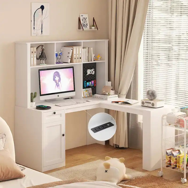 L-förmiger Schreibtisch mit Steckdose, Computertisch mit Schubladen, Regal & Aufsatz, Moderner Eckschreibtisch, Home-Office-Schreibtisch