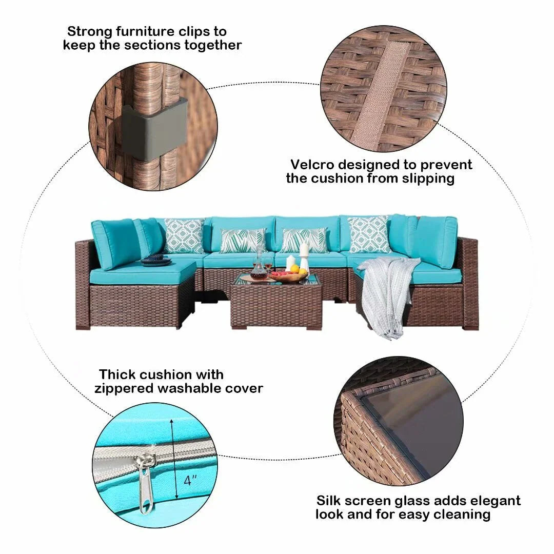 7-teiliges Outdoor-Sofa-Set aus Korbweide/Stahl mit Polstern