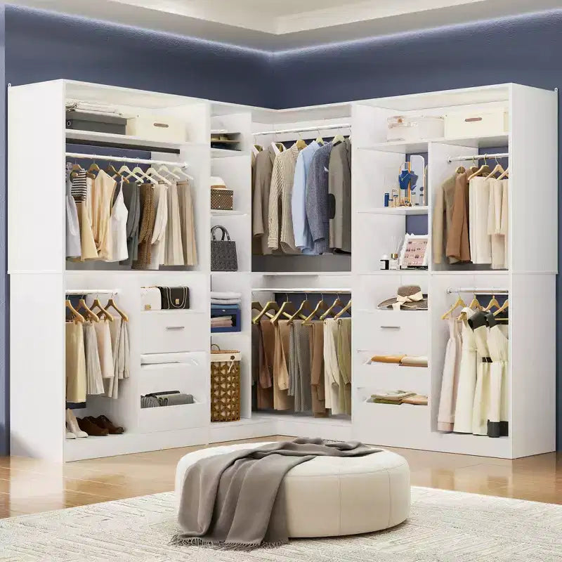 Besiost 3-teiliges Eckschranksystem mit Turmregalen und Schubladen, freistehender Schrank-Organizer mit Kleiderstangen