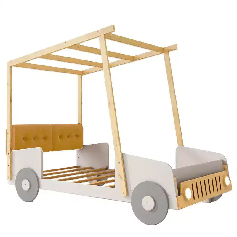 Whisen Holzbett Auto mit Kissen, Decke und LED - Natur