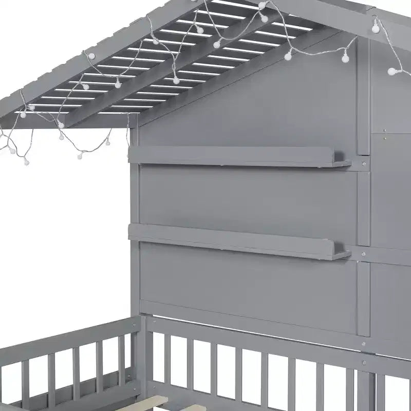 Hausbett in Twin-Größe mit Ablageregalen und Rausfallschutz, Montessori-Bettrahmen aus Holz für Kinder mit Fenster und glitzerndem Lichtband