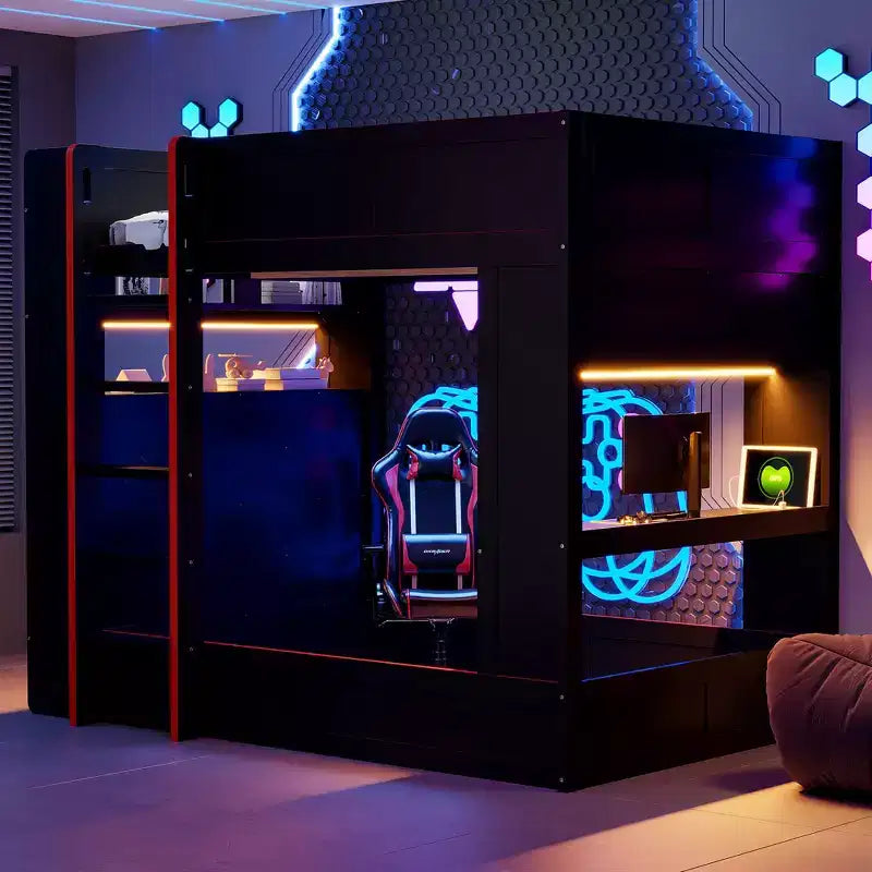 Holz-Gaming-Etagenbett in voller Größe mit integriertem Schreibtisch, Ablageregalen, 7-farbiger LED-Beleuchtung und Ladestation, Schwarz - ModernLuxe
