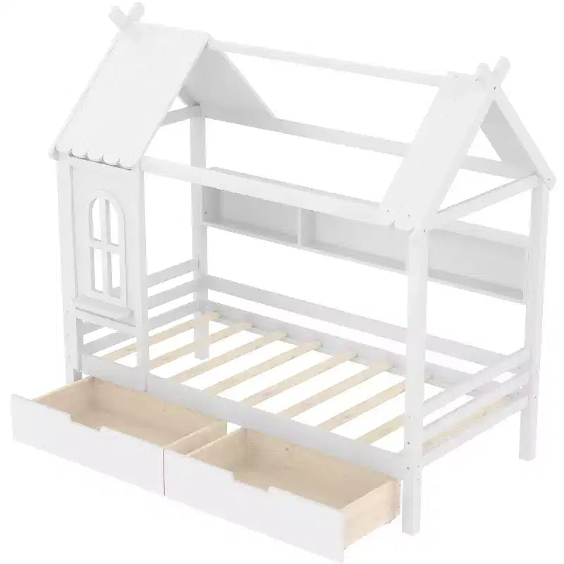 Haus-Plattformbett mit Aufbewahrungsschubladen und Fenster, Massivholzrahmen mit Regalen, kindgerechtes, lustiges Design, Hellweiß