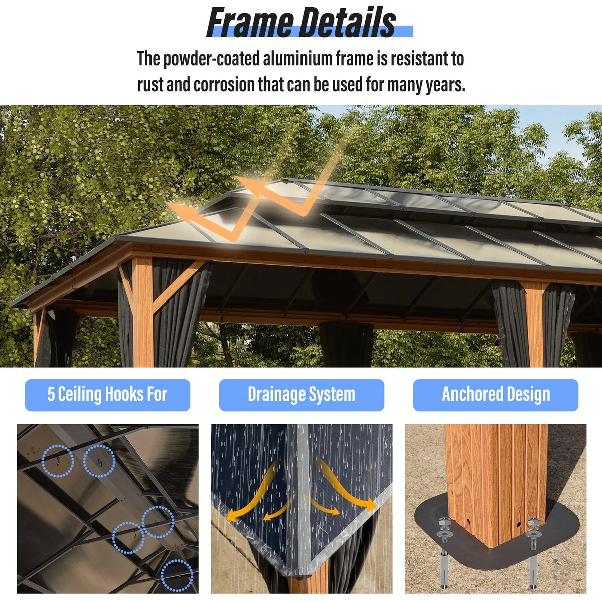 EROMMY Hardtop-Pavillon, Outdoor-Pergola mit Doppeldach & Netzen & Vorhängen, Hochleistungs-Canopy für Terrasse, Garten, Poolparty