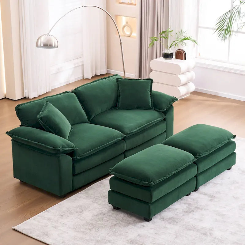 2-Sitzer-Sofa mit 2 Kissen, 2 Polstern und 2 Hockern, bequemes Sofa – Tiefes Wohnzimmersofa, Modulsofa