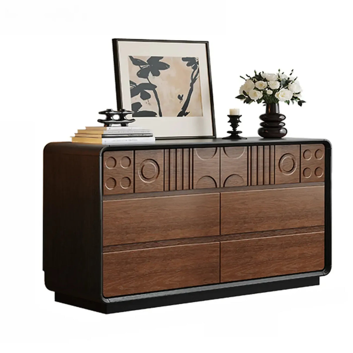 Art-déco-inspirierte Holzkommode mit geometrischen Schnitzereien