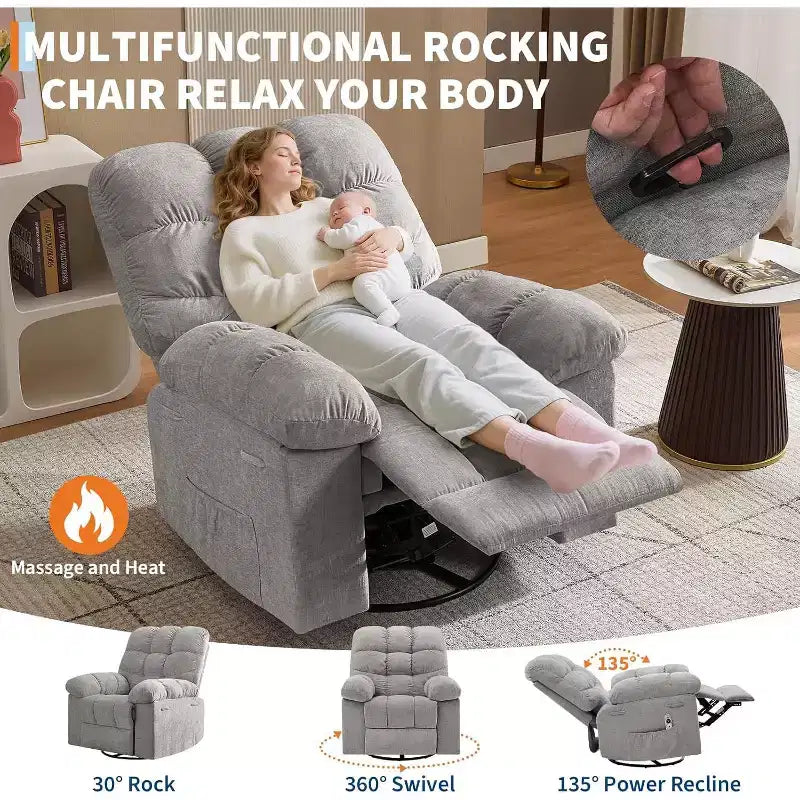 Massage-Liegesessel mit Heizfunktion – 360° drehbarer Schaukelstuhl, überdimensioniertes Einzelsitzer-Sofa mit Vibration, USB-Anschluss und Aufbewahrungstaschen für Wohnzimmer/Schlafzimmer