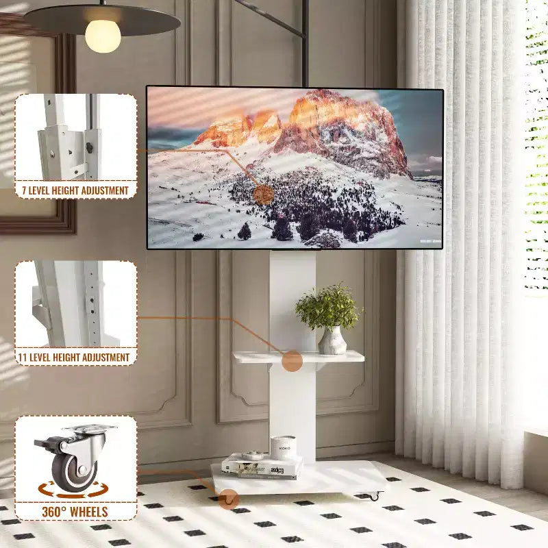 TV-Ständer für 32-75-Zoll-Fernseher, höhenverstellbarer mobiler TV-Wagen mit Schublade und Rollen für Wohnzimmer, Schlafzimmer, Büros -ModernLuxe
