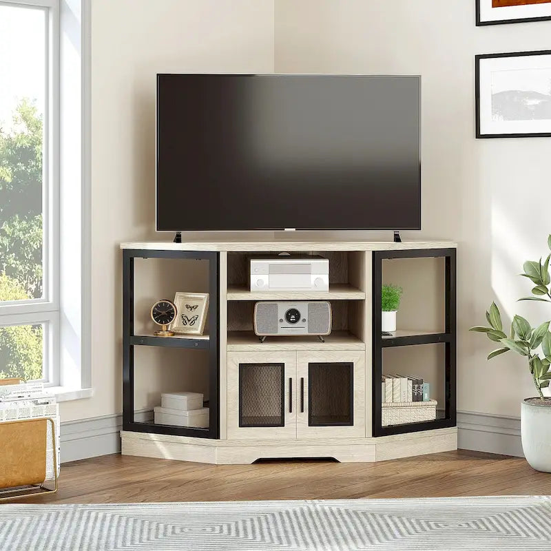 Farmhouse Eck-TV-Ständer Unterhaltungscenter Medienkonsole für Fernseher bis 55 Zoll mit Steckdose