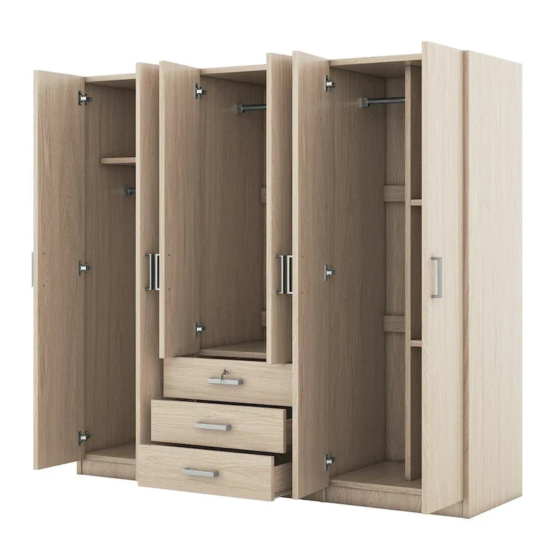 6-türiger Holz-Kleiderschrank mit 3 großen Schubladen für das Schlafzimmer