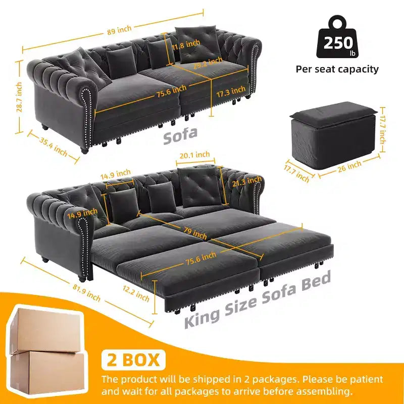 Whisen Velvet 3-in-1 Schlafsofa und wandelbares Schlafsofa im Kingsize-Format mit ausziehbarem Ottomane, getuftetem Design