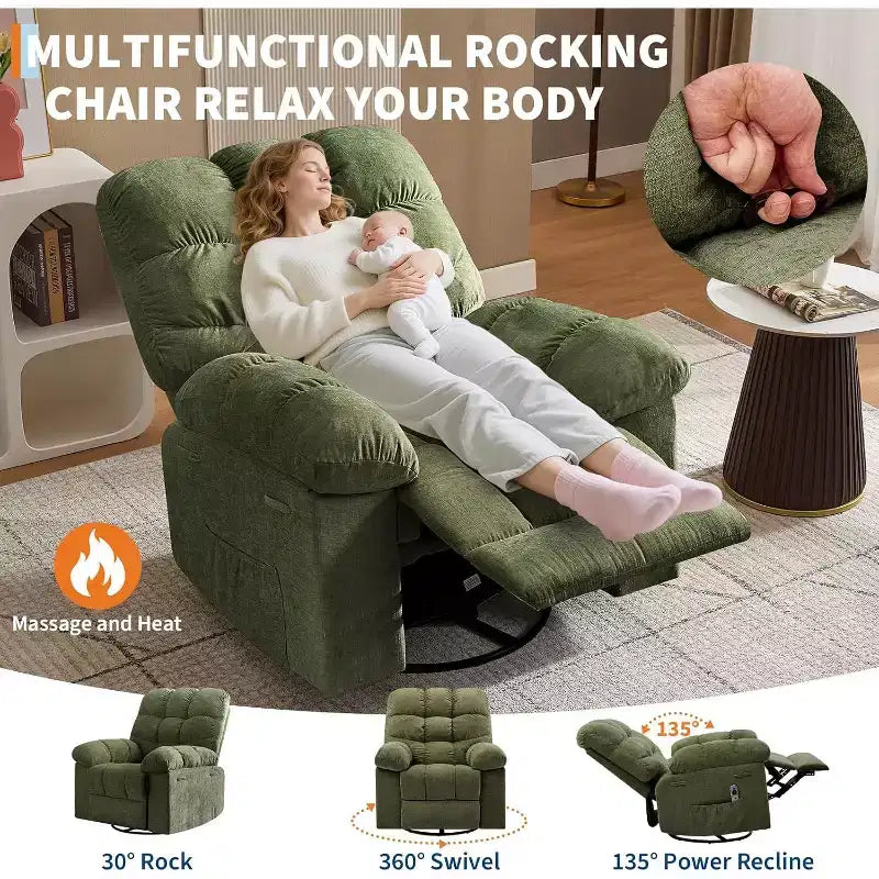 Massage-Liegesessel mit Heizfunktion – 360° drehbarer Schaukelstuhl, überdimensioniertes Einzelsitzer-Sofa mit Vibration, USB-Anschluss und Aufbewahrungstaschen für Wohnzimmer/Schlafzimmer