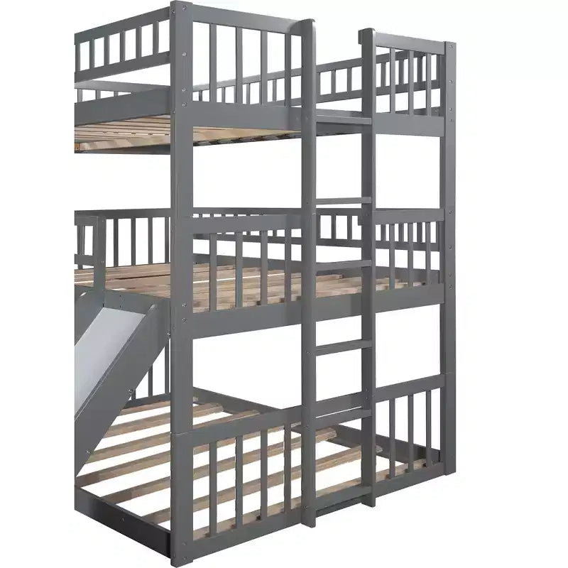 Doppelstockbett mit drei Etagen, Full-Size-Betten, umwandelbarer Leiter und Rutsche, Dreibettbett mit Schutzgeländern, Weiß/Grau/Espresso – ModernLuxe