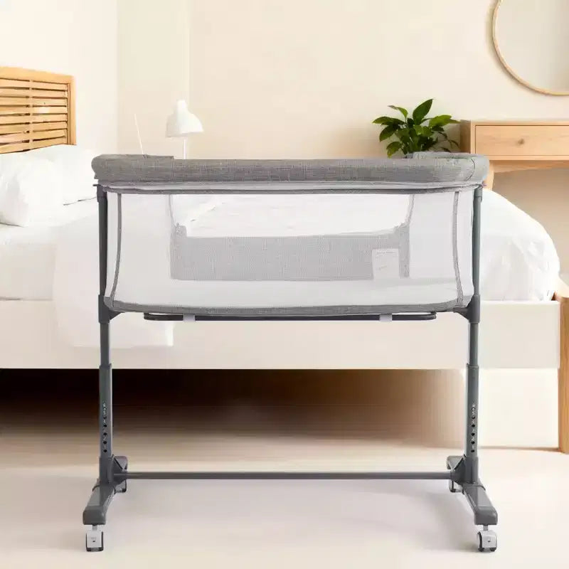 Baby-Beistellbett mit Rollen – Beige / Grau / Rosa, Bettschläfer, für 1 Baby