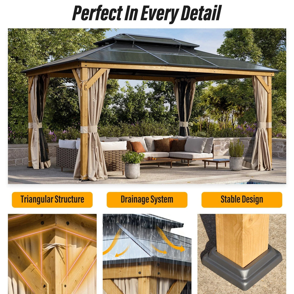EROMMY Hardtop-Pavillon, Outdoor-Pergola mit Doppeldach & Netzen & Vorhängen, Hochleistungs-Canopy für Terrasse, Garten, Poolparty