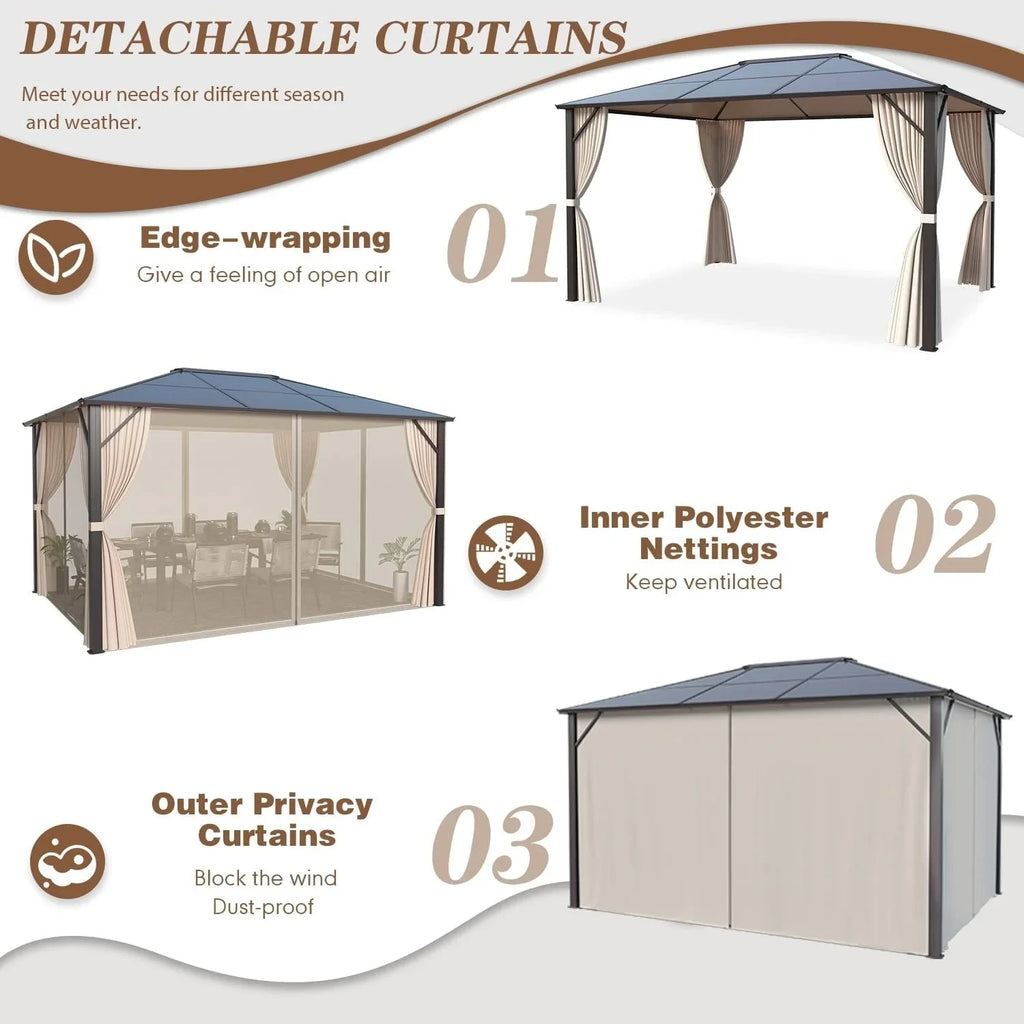 EROMMY Hardtop-Pavillon, Outdoor-Pergola mit Doppeldach & Netzen & Vorhängen, Hochleistungs-Canopy für Terrasse, Garten, Poolparty