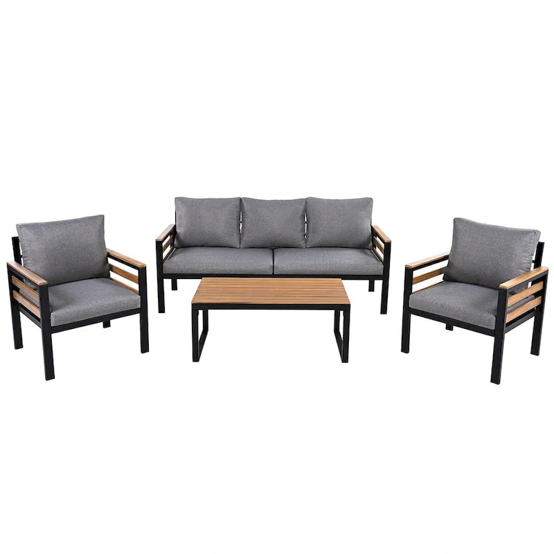 4-teiliges Outdoor-Sofa-Set für 5 Personen mit Couchtisch aus Massivholz und abnehmbaren Kissen