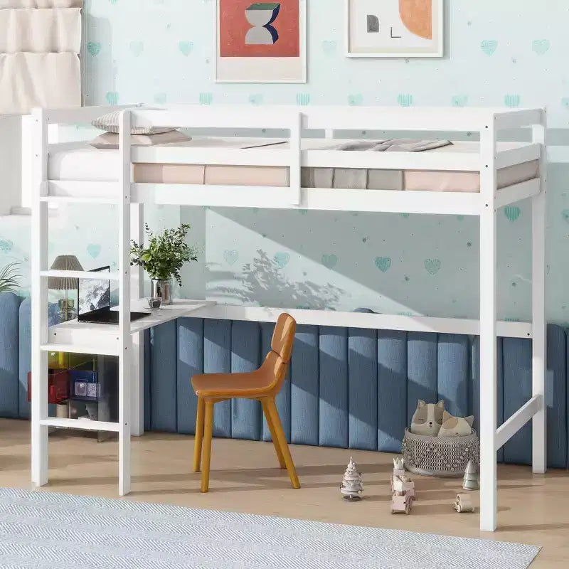 Okak Minimalism Hochbett mit Leiter, Hochbett aus Kautschukholz mit Sicherheitsgeländer und integriertem Schreibtisch, Bettrahmen für Kinder, Jugendliche
