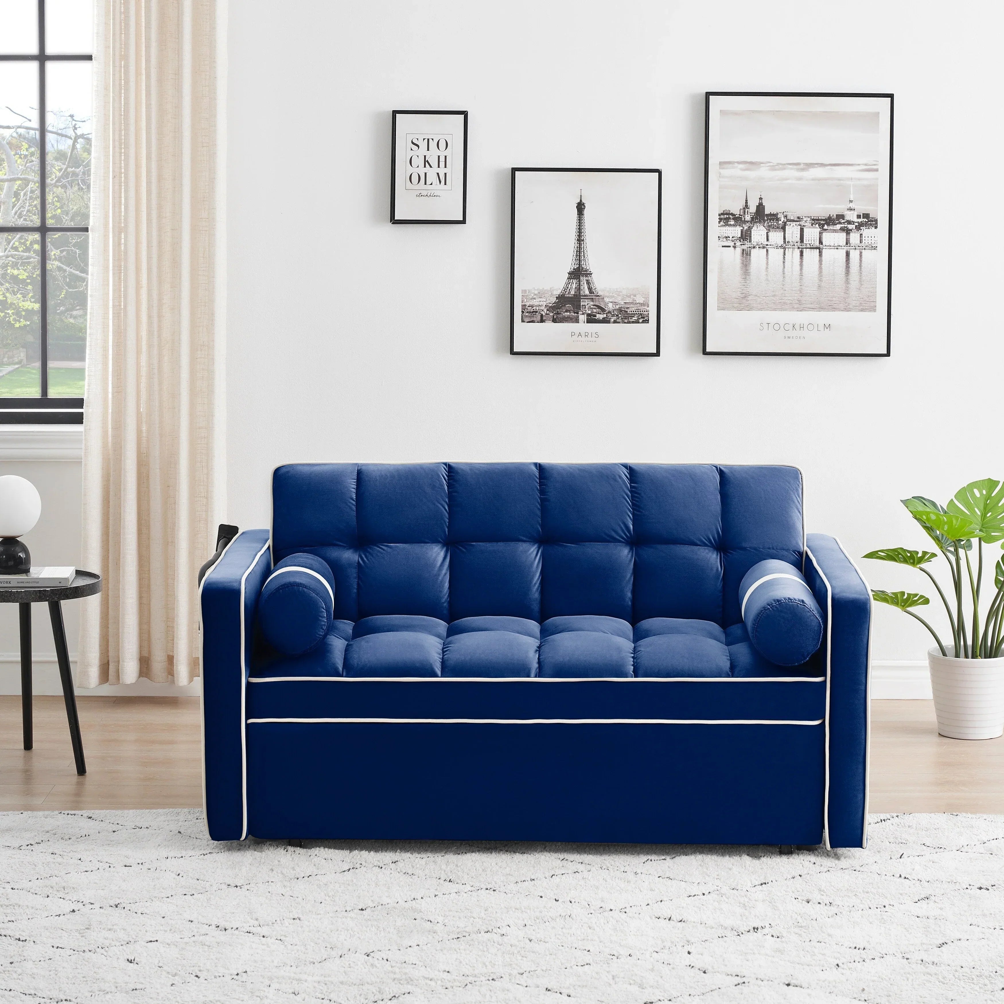 Samt-Schlafsofa zum Umbauen, 140 cm, 2-Sitzer, mit Ausziehbett, verstellbarer Rückenlehne, Seitentaschen und Handyhalterung