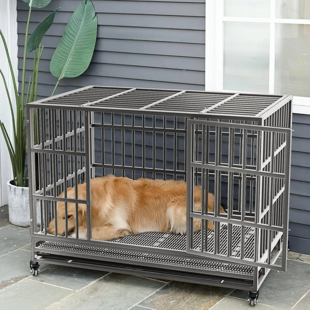 BOSSIN 48/38 Zoll Schwerlast-Hundebox, unverwüstlich, ausbruchsicher, mit feststellbaren Rollen