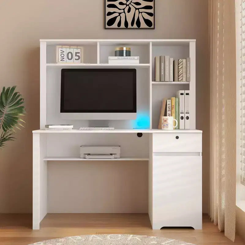51.18 Zoll moderner Computertisch mit Aufsatz und Bücherregal, Schreibtisch mit viel Stauraum, Schreibtisch für Arbeitszimmer, Lesezimmer