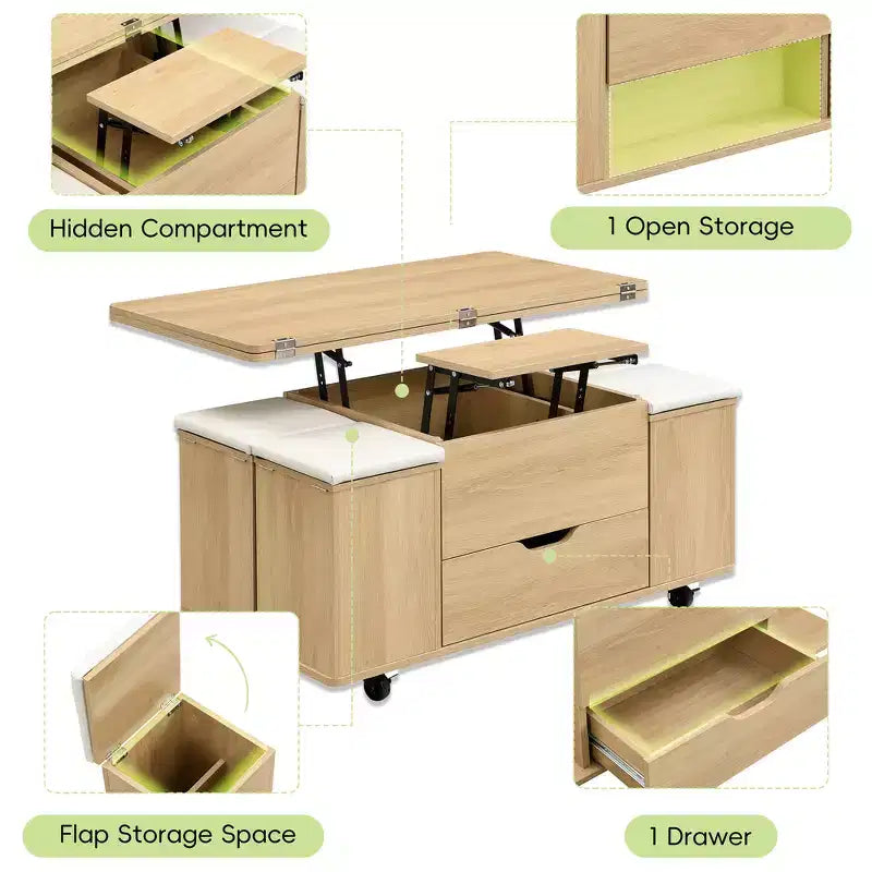 Multifunktionaler moderner Couchtisch mit Hebefunktion, verstecktem Stauraum, 4 Hockern und Rollen, perfekt für moderne Wohnbereiche