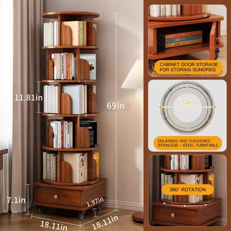 Chic Crate 6-stöckiges, um 360° drehbares Eckregal mit Rollen, schmales Bücherregal für kleine Räume, Nussbaumbraun