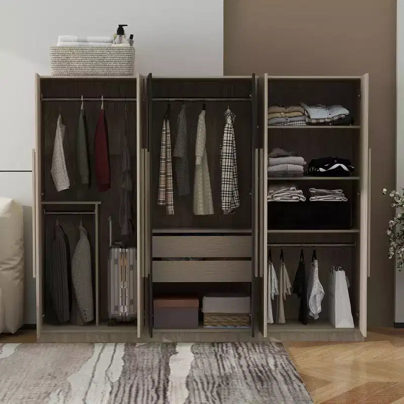 83W 6-türiger Kleiderschrank Garderobenschrank Aufbewahrungsschrank mit 2 Schubladen, Kleiderstangen und Ablageflächen, Schwarz+Natur-ModernLuxe
