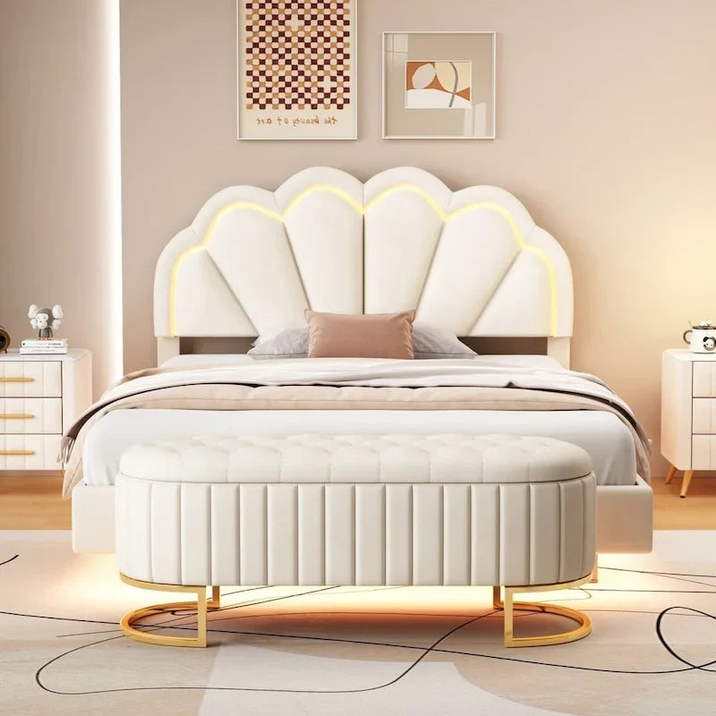 2-teiliges Schlafzimmerset mit LED-Podestbett in voller Größe und Stauraum-Ottomane