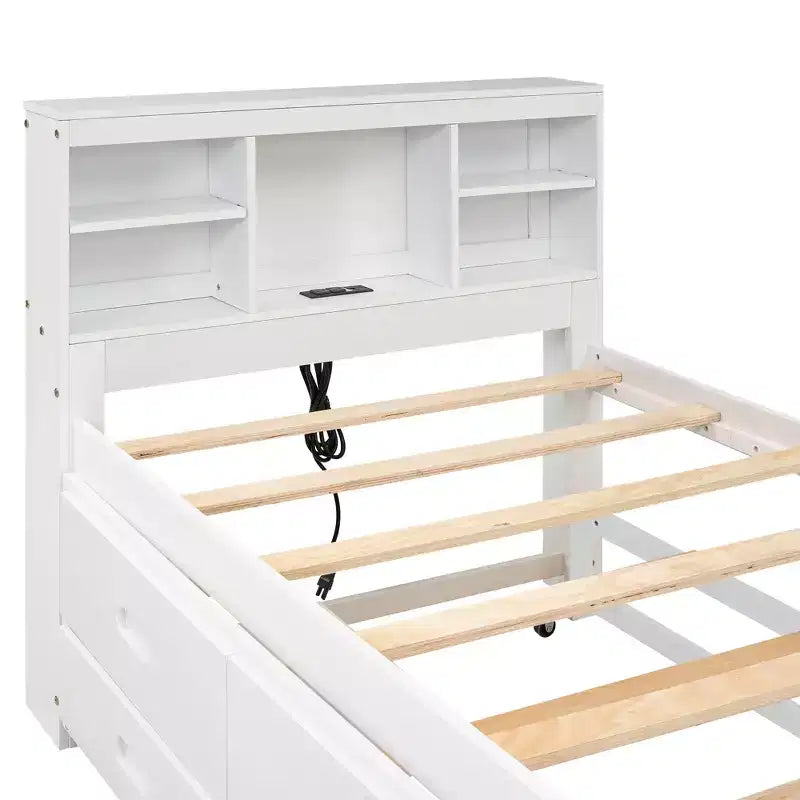 Plattformbett mit Rollbett und Schubladen, Stauraumbett mit USB-Anschluss, Holzbett mit Bücherregal