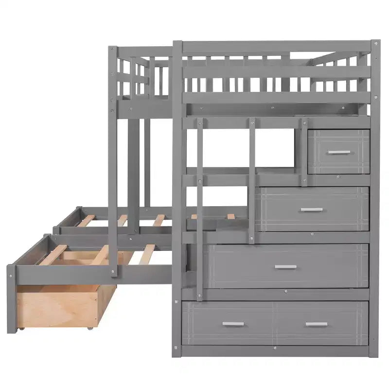 Whisen Etagenbett mit Doppelbett oben und zwei Einzelbetten unten, dreifaches Etagenbett aus Holz mit Schubladen und Schutzgittern