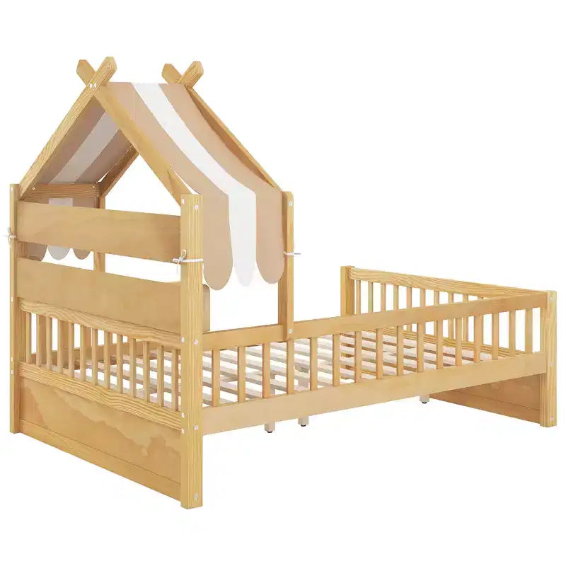 ModernLuxe Hausbett aus Holz für Zwillinge/Standardgröße mit Stauraum-Kopfteil, Kinderbettgestell aus massivem Kiefernholz mit Rausfallschutz