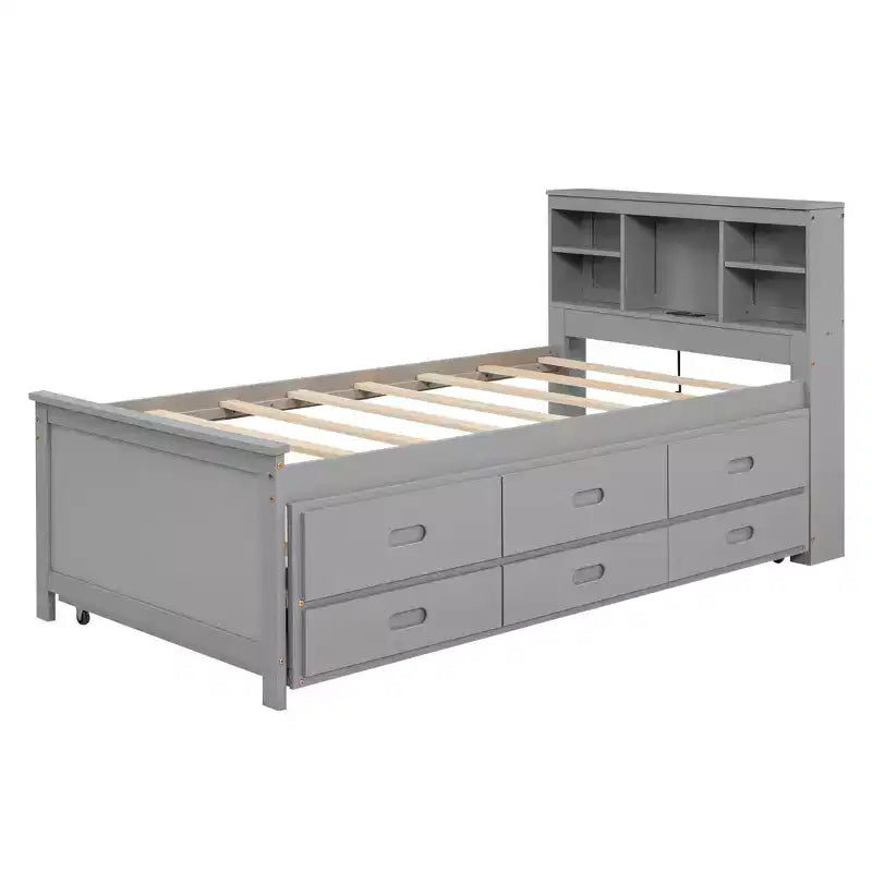 Plattformbett mit Rollbett und Schubladen, Stauraumbett mit USB-Anschluss, Holzbett mit Bücherregal