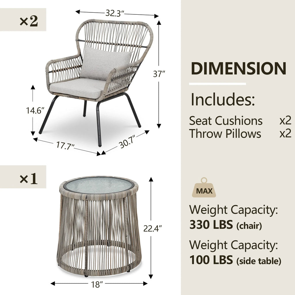 3-teiliges Outdoor-Bistro-Set aus Korbstühlen, witterungsbeständige Rattanmöbel-Sitzgruppe mit Kissen