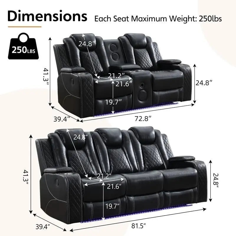 Elektrisches Relaxsofa mit kabellosem Ladegerät, Leselampe für das Wohnzimmer, Kunstleder-LED-Beleuchtung, AC/USB-Anschluss, Getränkehalter, Schwarz