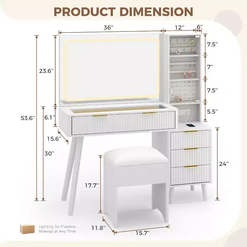 48" Schminktisch mit geriffelter Optik, großem Spiegel und Lichtern, moderner Schminktisch mit Ladestation und gepolstertem Aufbewahrungshocker für Zuhause