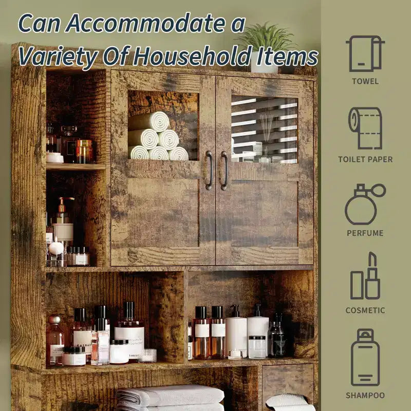 Badezimmerschrank über der Toilette – 171 cm hoher Badezimmer-Organizer im Landhausstil mit verstellbarem Regal und Glastür für Bad und Waschküche